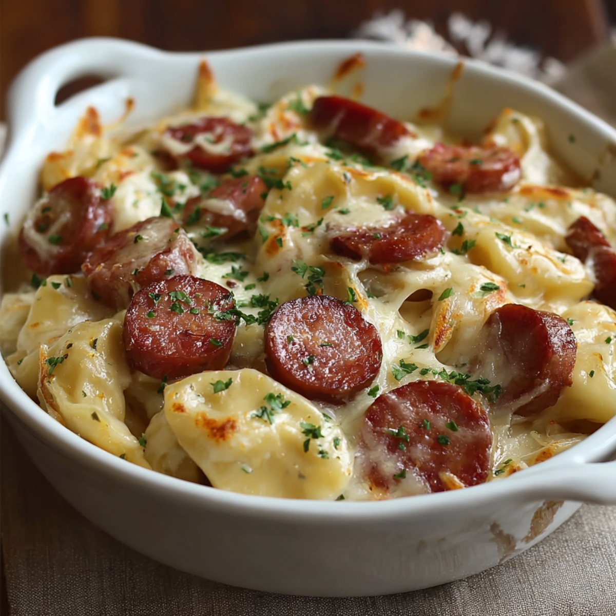 A close-up of Crock Pot Pierogi and Kielbasa Casserole in a white dish, topped with kielbasa slices, melted cheese, and fresh parsley, resting on a wooden surface.