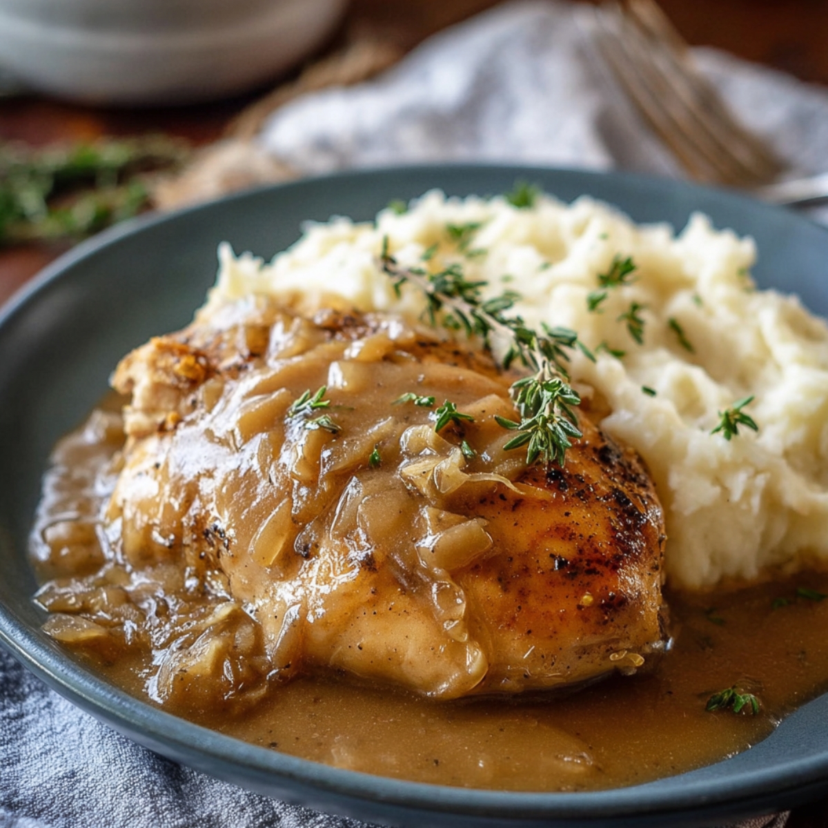 Easy Slow Cooker Chicken and Gravy on a blue plate with mashed potatoes, topped with rich onion gravy and fresh thyme, warm cozy lighting.