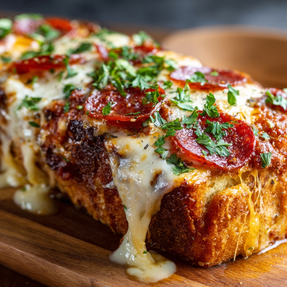 Garbage Bread with melted cheese, pepperoni, and parsley on a golden crust, served on a wooden board.