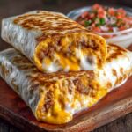 Homemade grilled cheese burritos stacked on a brown ceramic plate, filled with melted cheddar, creamy sauce, and seasoned beef, with cheese oozing from the ends and a bowl of fresh pico de gallo in the background.