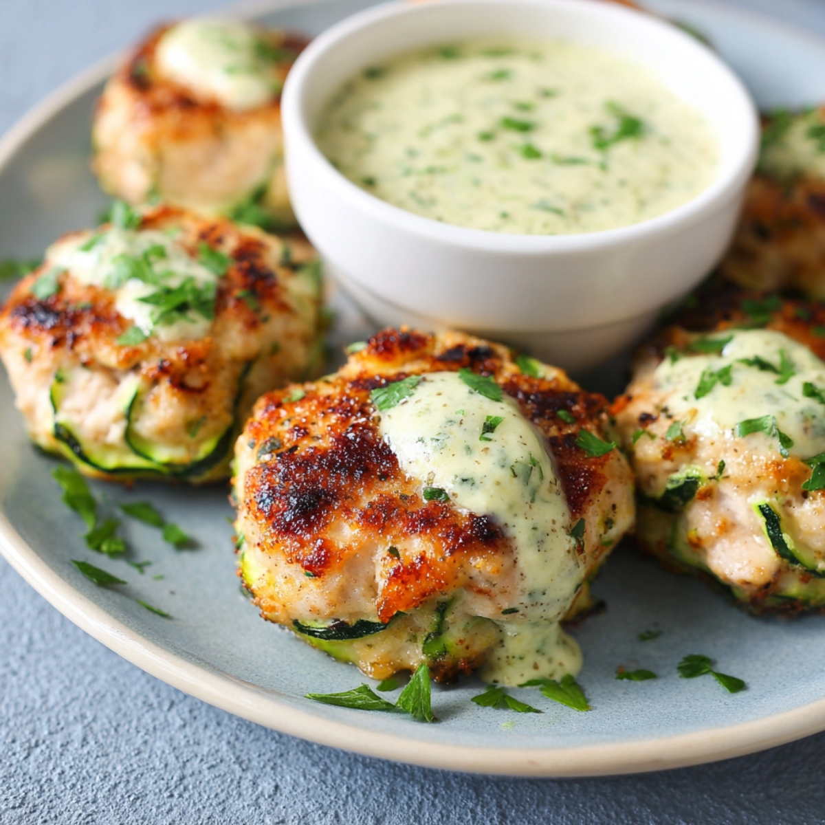Plate of golden Chicken Zucchini Poppers, garnished with parsley, served with a creamy dipping sauce in a small white bowl. The dish has a fresh, homemade look with visible zucchini in the poppers.