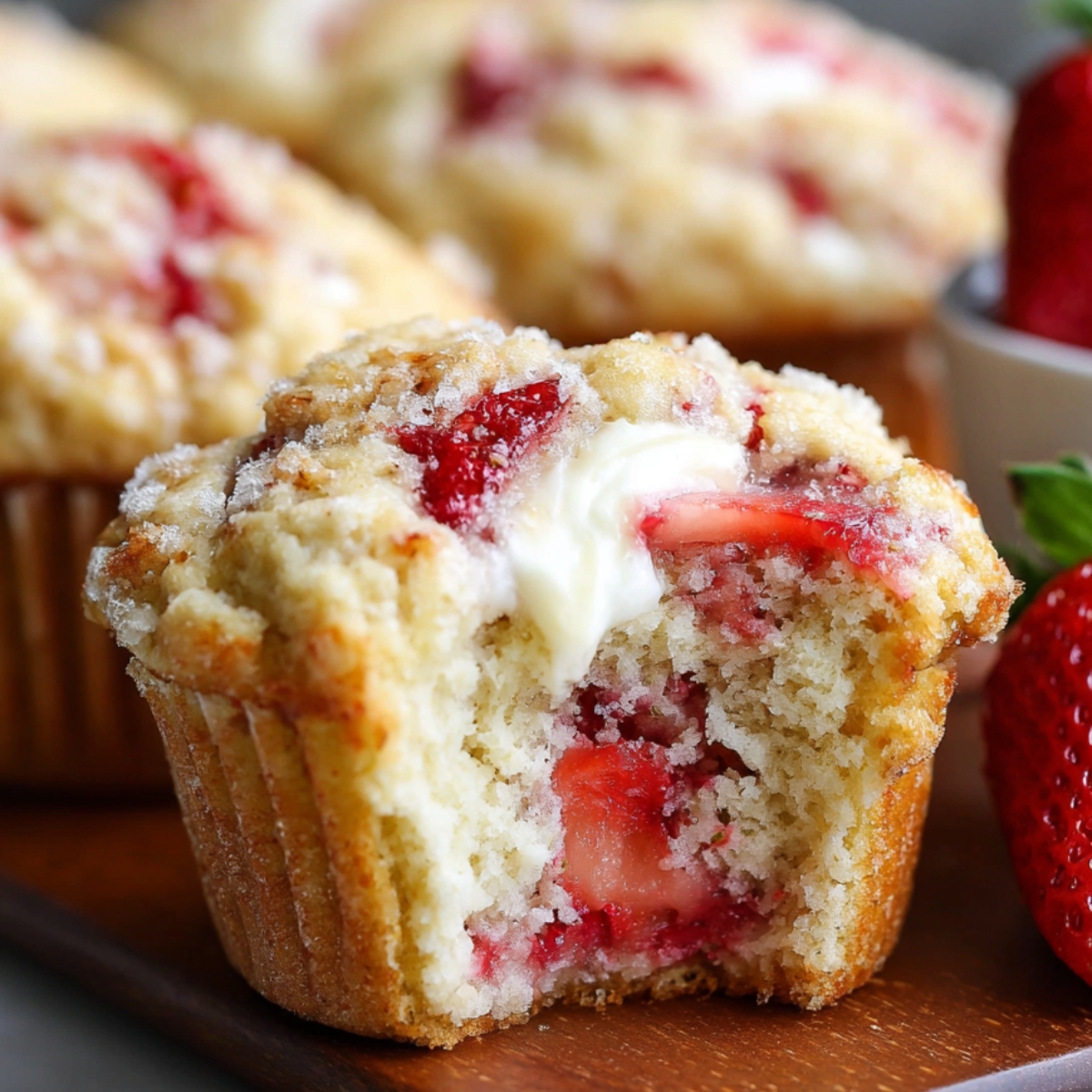 Healthy Strawberry Cream Cheese Muffins with a bite taken out, showing fresh strawberries and creamy filling inside, with a whole strawberry beside it.
