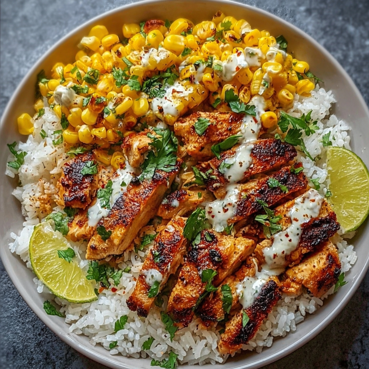 Healthy Street Corn Chicken Rice Bowl with grilled chicken, charred corn, white rice, lime wedges, and cilantro-lime crema drizzle.