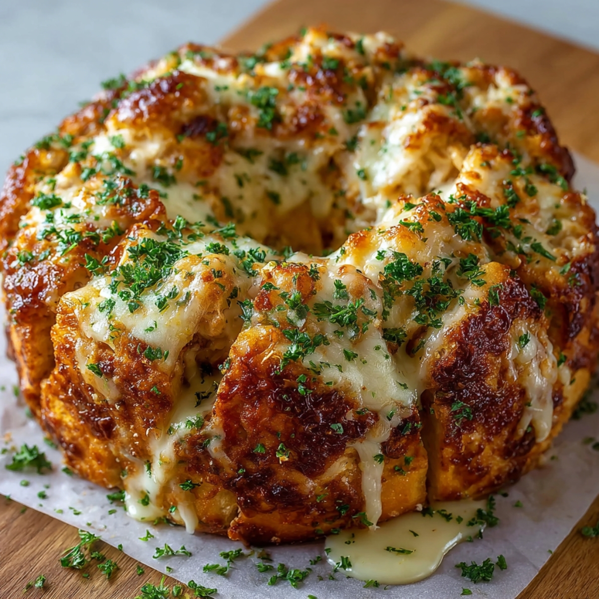 Homemade Chicken Alfredo Monkey Bread topped with parsley, fresh from the oven on parchment paper, warm and homemade.