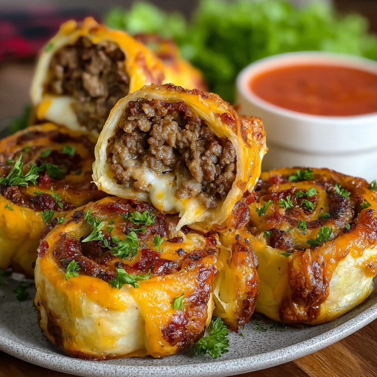 Homemade garlic butter bacon cheeseburger rollups with golden melted cheese, juicy ground beef filling, and chopped parsley on top, served on a plate with a side of dipping sauce.