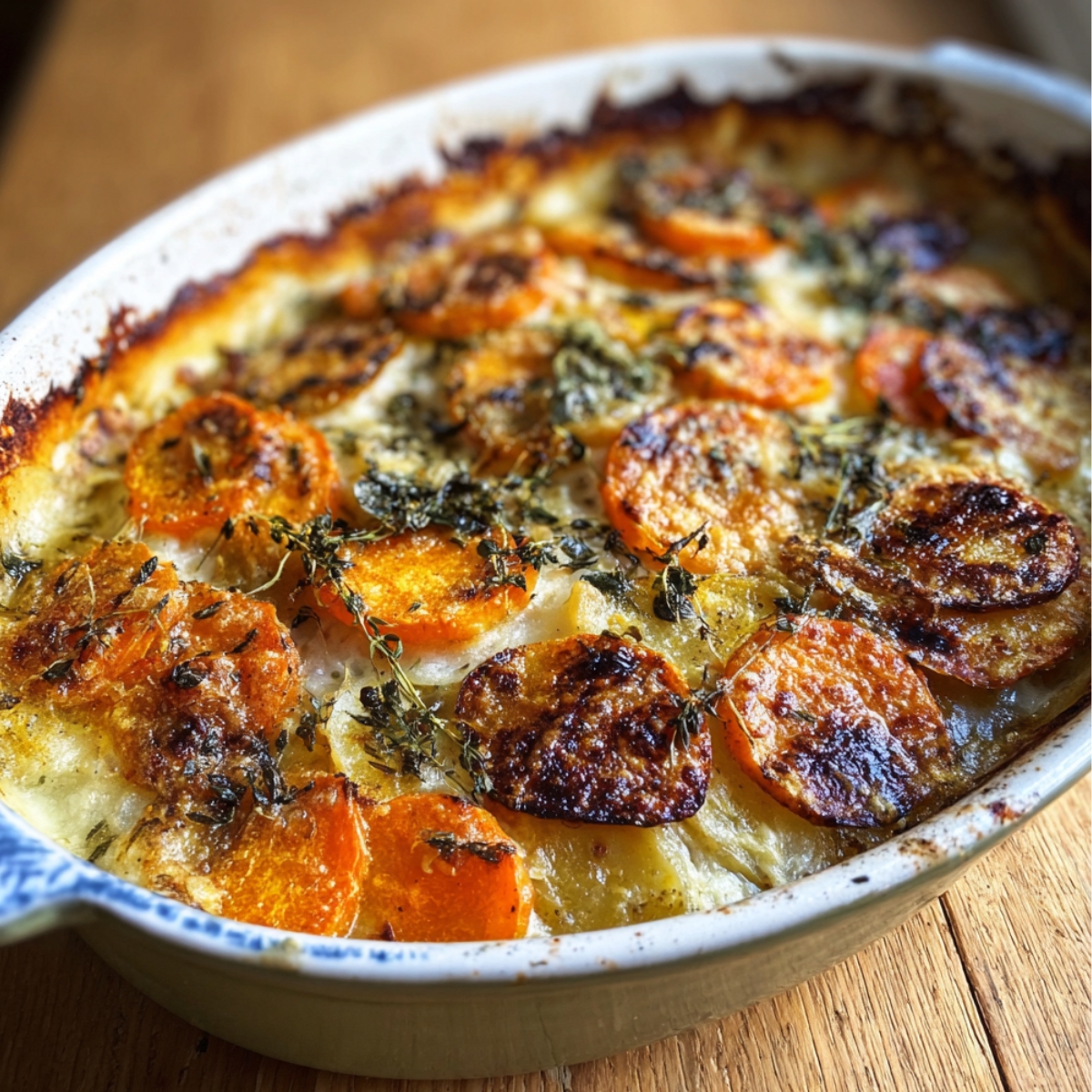 Homemade Root Veggie Gratin Recipe in a white baking dish, with golden, crispy edges and layers of sweet potatoes and potatoes topped with fresh thyme and melted cheese in warm natural light.