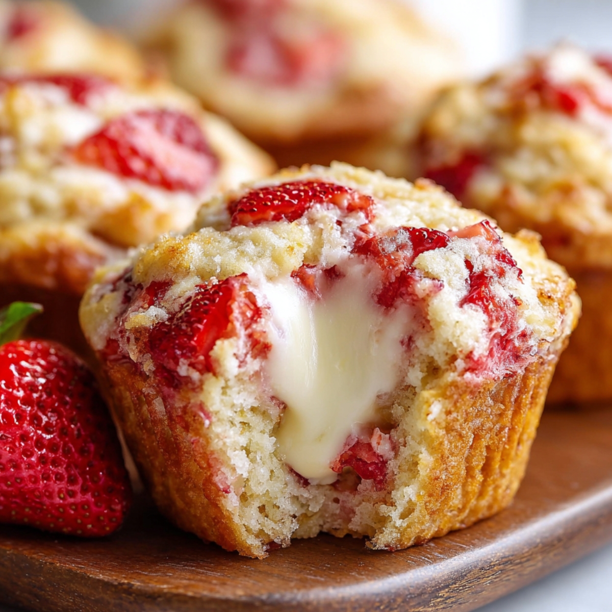 Homemade Strawberry Cream Cheese Muffins with a crumbly top, showing a bite taken out to reveal fresh strawberries and creamy filling inside, with a whole strawberry beside it.