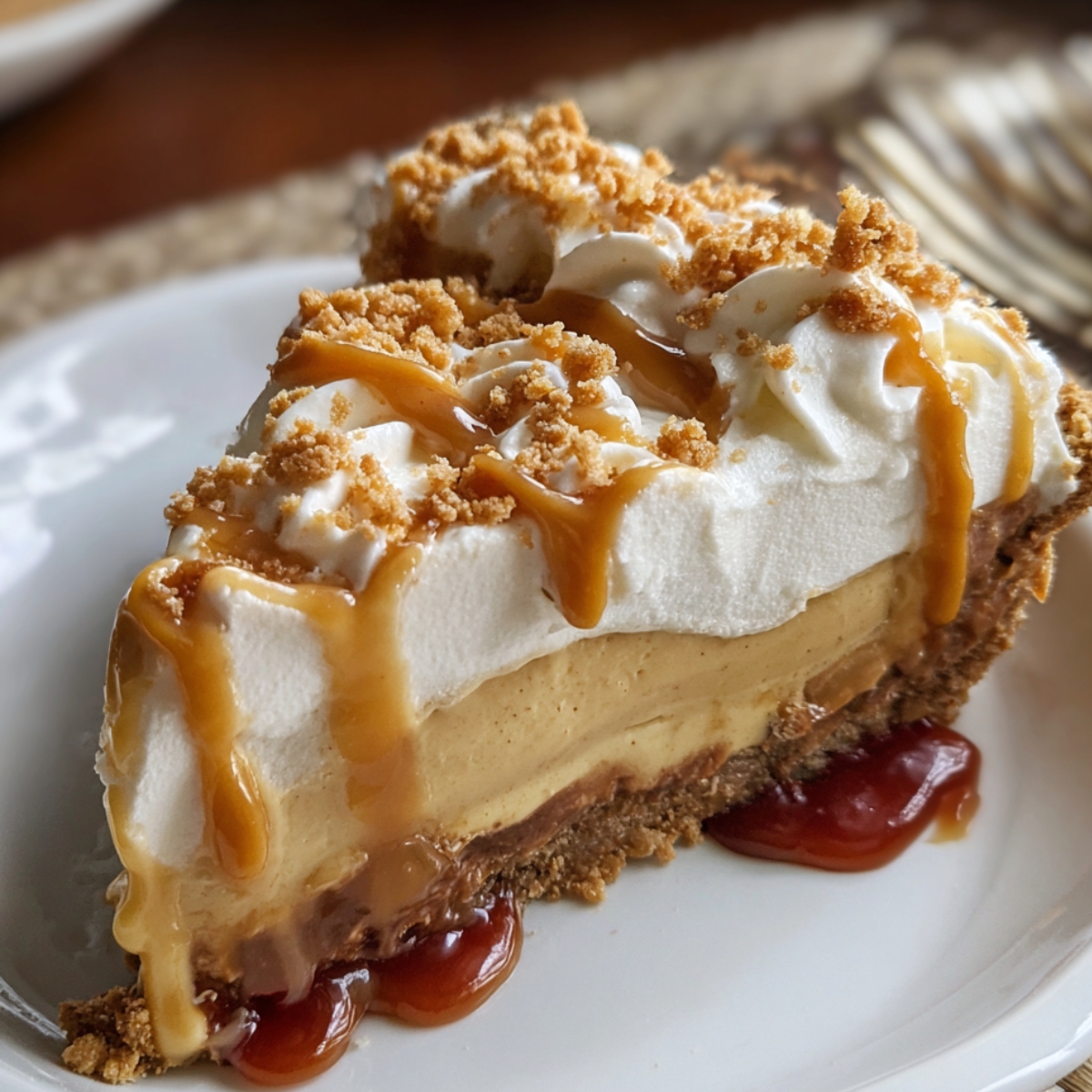 Slice of homemade Butterscotch Heaven Pie with creamy filling, whipped cream, caramel drizzle, and graham crumb topping on a white plate.