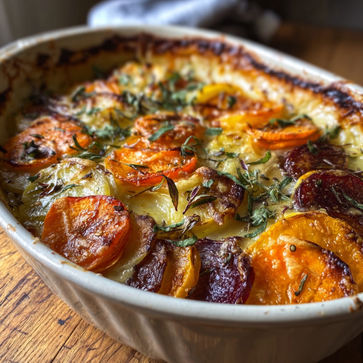 Close-up of a golden, bubbly root veggie gratin in a rustic ceramic baking dish, layered with caramelized slices of beets, sweet potatoes, and potatoes, topped with herbs and browned edges for a cozy homemade finish.