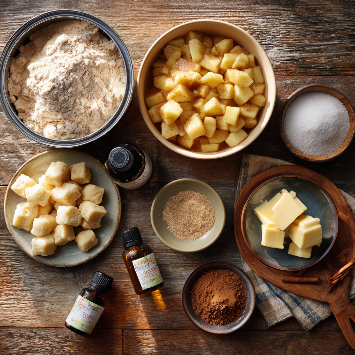 Real homemade Apple Pie Bombs ingredients on a rustic wooden table — diced apples with cinnamon, flour, sugar, butter, biscuit dough, and vanilla extract, warm natural light, cozy kitchen feel.