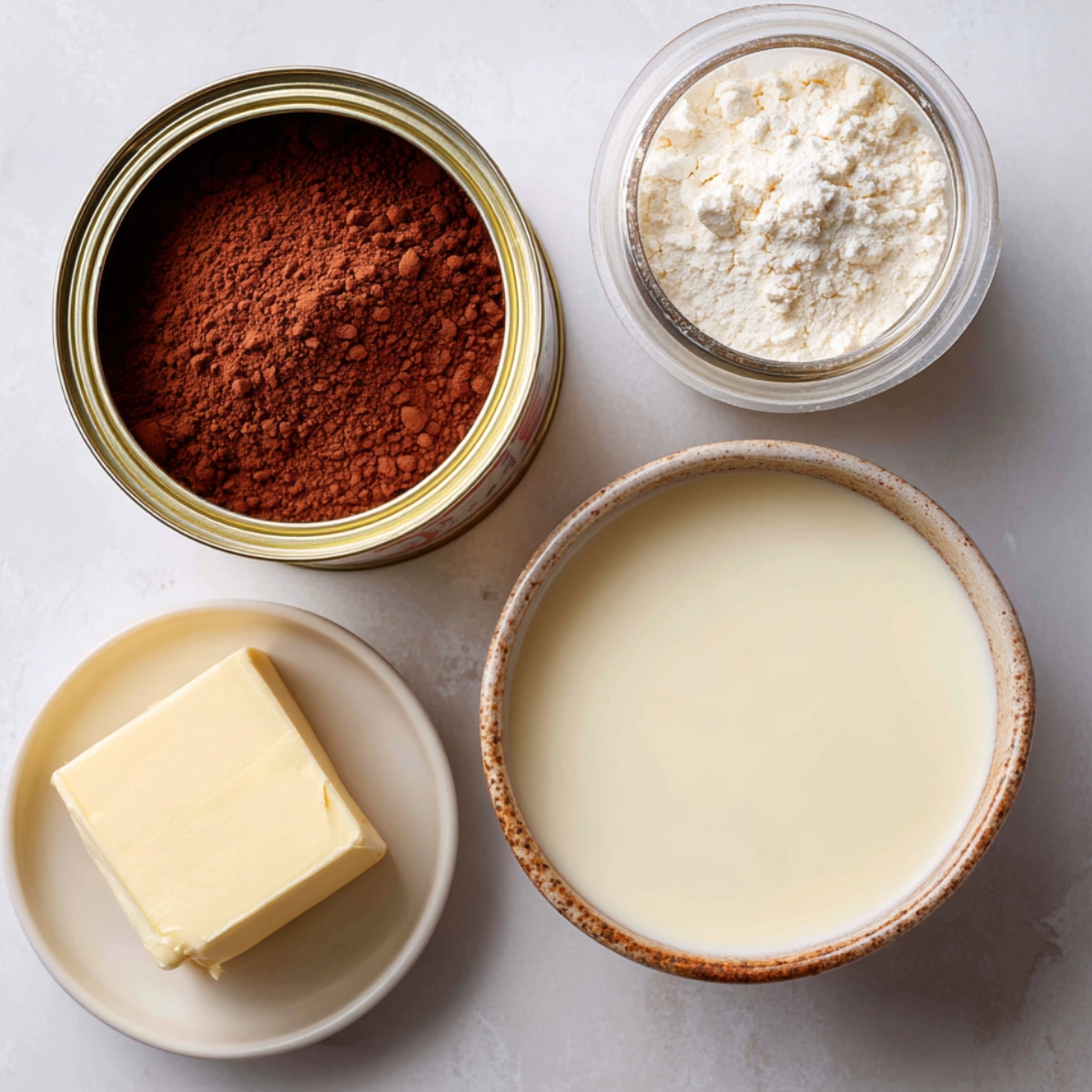 Butter, condensed milk, cocoa powder, and flour arranged on a light surface, ready for making homemade Brazilian carrot cake frosting.