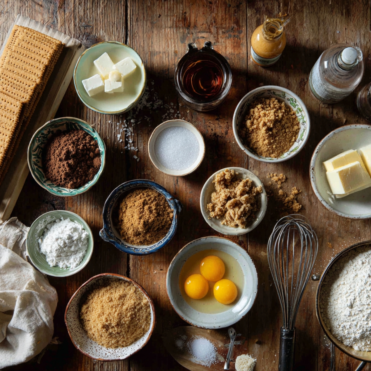 Homemade Butterscotch Heaven Pie ingredients on a rustic wooden table with bowls of brown sugar, butter, egg yolks, graham crackers, and baking tools.