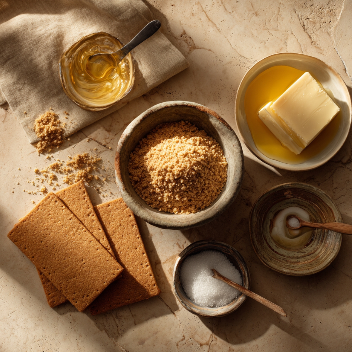 Rustic flat lay of graham cracker crumbs, melted butter, sugar, and salt on a stone countertop in warm natural light, ready for a homemade pie crust.