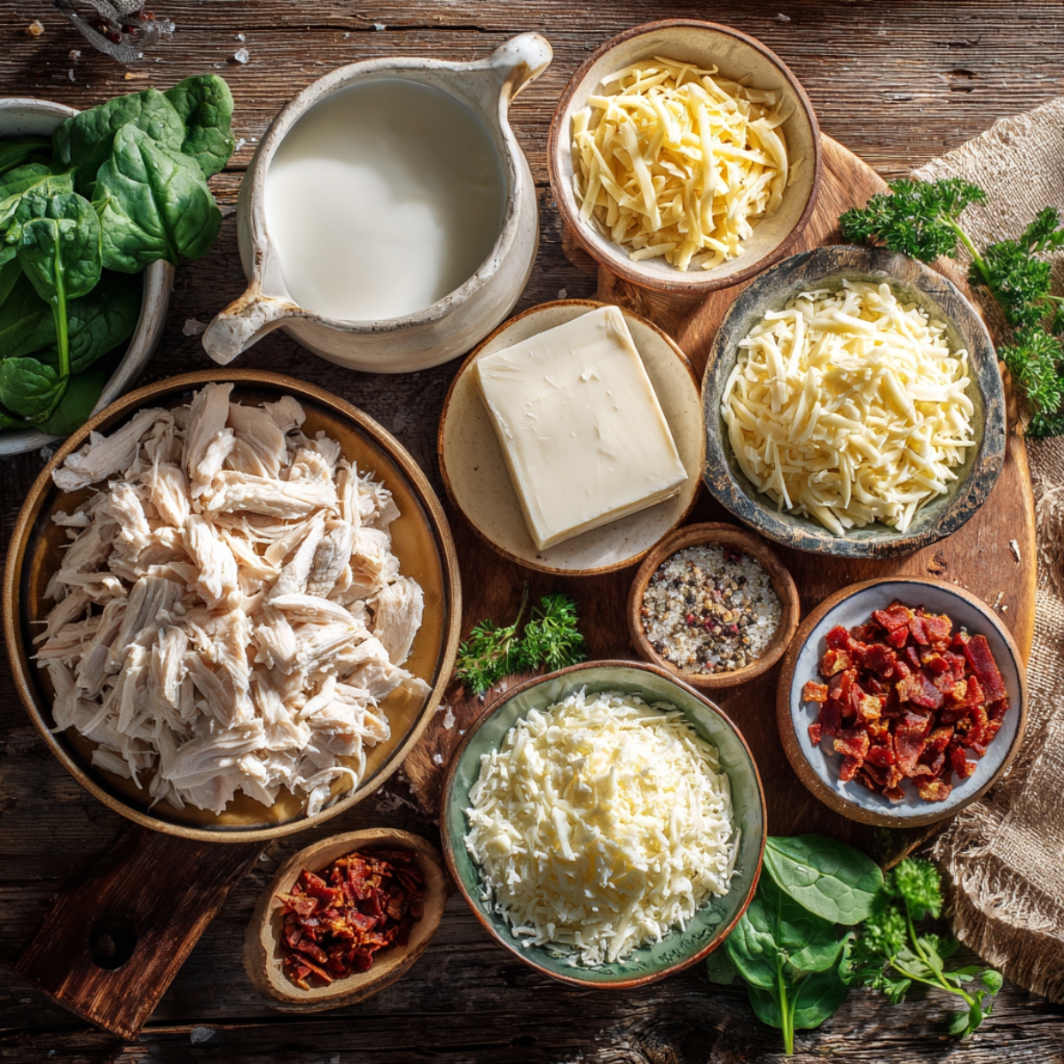Overhead view of shredded chicken, cream, cheeses, bacon, and spinach arranged on a rustic wooden table for homemade Chicken Alfredo Monkey Bread.