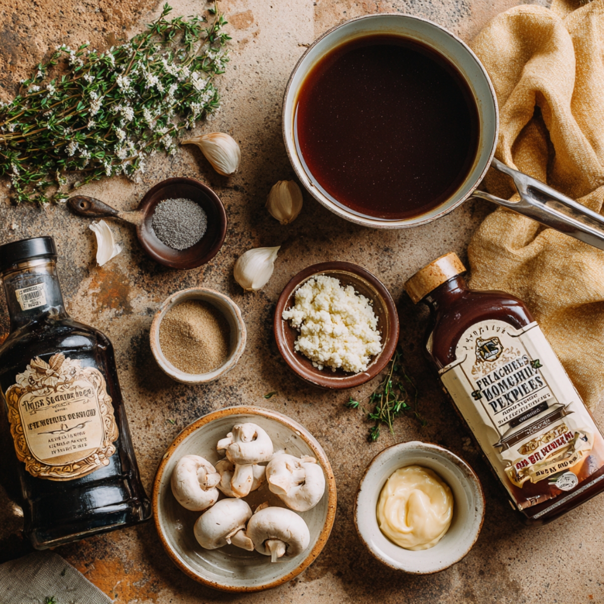 Rustic kitchen flat lay of French Dip au jus ingredients — beef broth, Worcestershire sauce, garlic, mushrooms, herbs, and spices on a stone countertop with warm natural light.