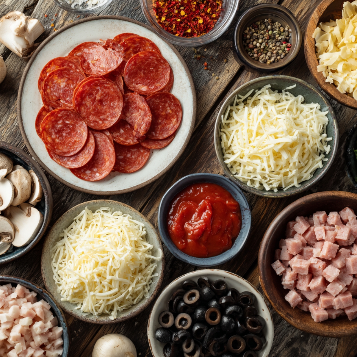 A rustic wooden table with ingredients for Garbage Bread: sliced pepperoni, shredded mozzarella, tomato sauce, cubed ham, black olives, mushrooms, red pepper flakes, and peppercorns in earthy bowls.