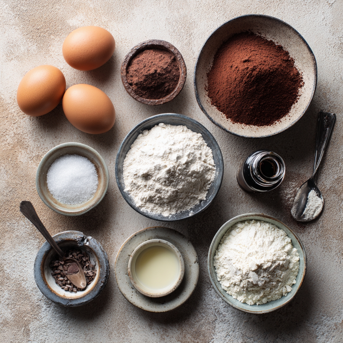 Homemade German Chocolate Cake Roll ingredients — eggs, cocoa powder, flour, sugar, vanilla, and milk — arranged on a rustic beige countertop in soft natural light.