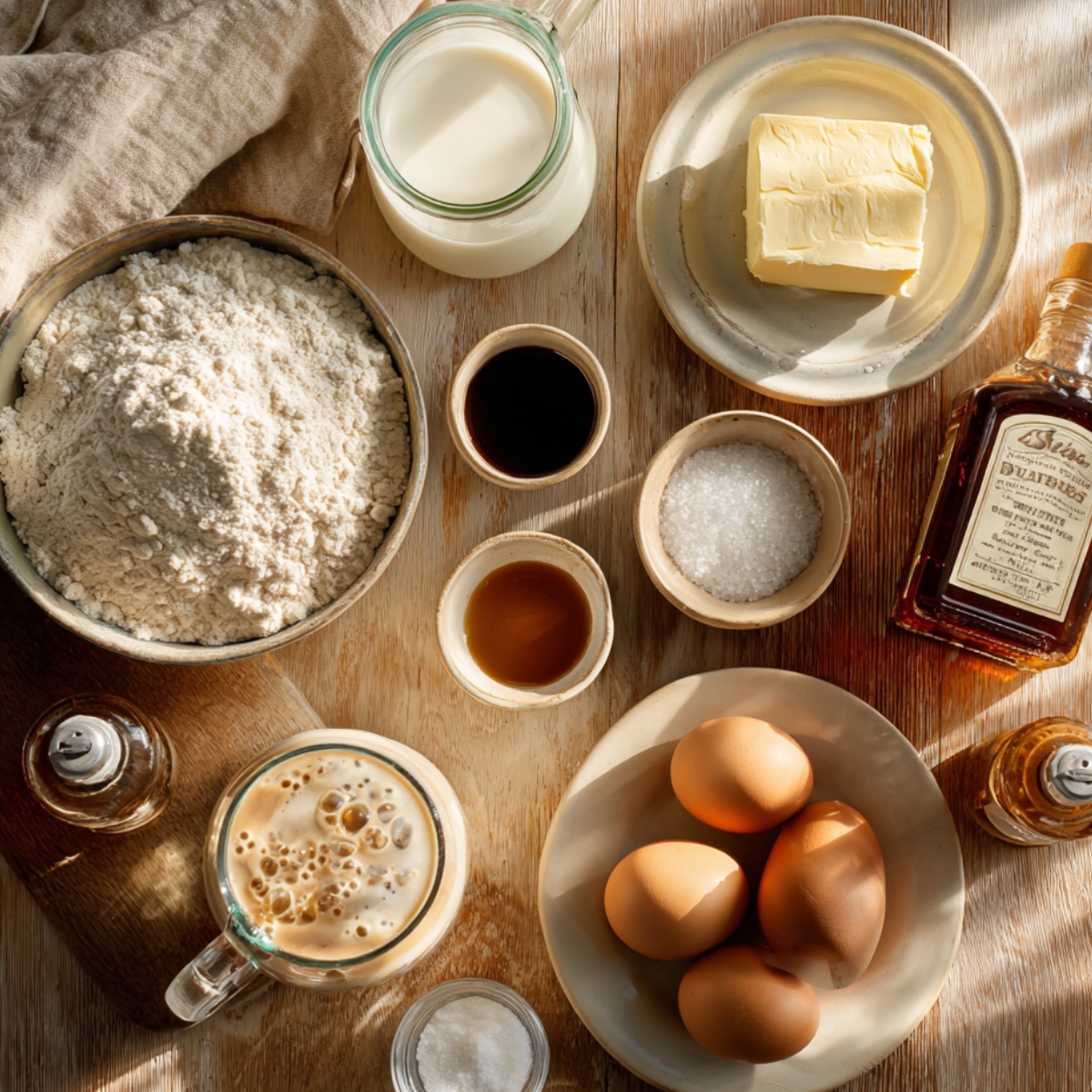 Homemade butterbeer cupcake ingredients on a wooden table — flour, butter, milk, eggs, sugar, butterscotch extract, vanilla, and cream soda in warm sunlight.