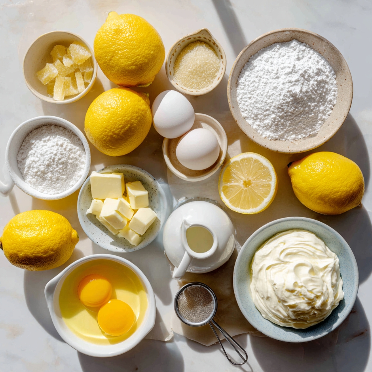 Overhead shot of lemons, eggs, butter, sugar, and cream arranged in bowls on a marble counter, bright natural light, fresh and homemade look.