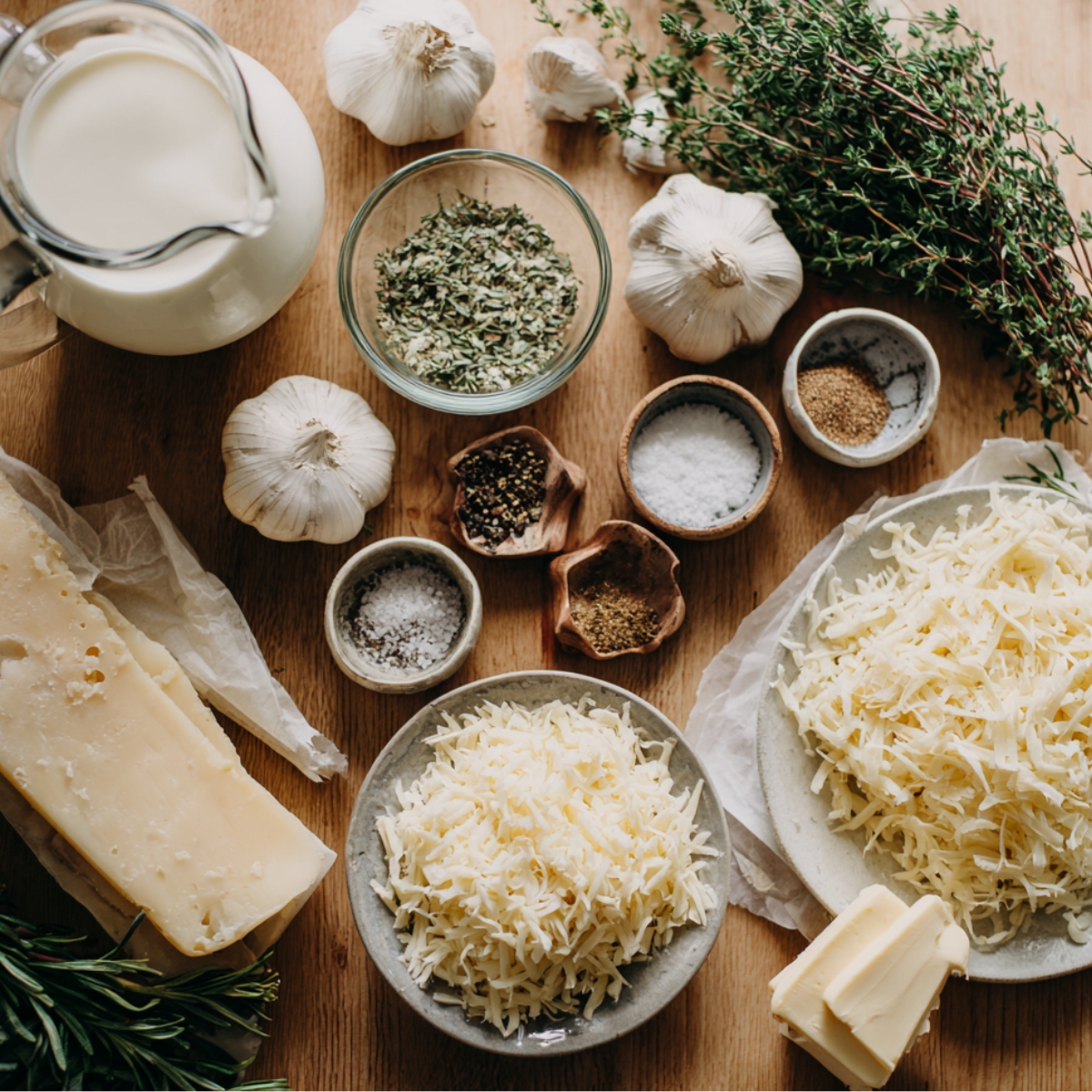 Overhead view of Root Veggie Gratin ingredients on a wooden table — grated cheeses, butter, garlic, fresh herbs, spices, and a pitcher of milk in warm natural light.