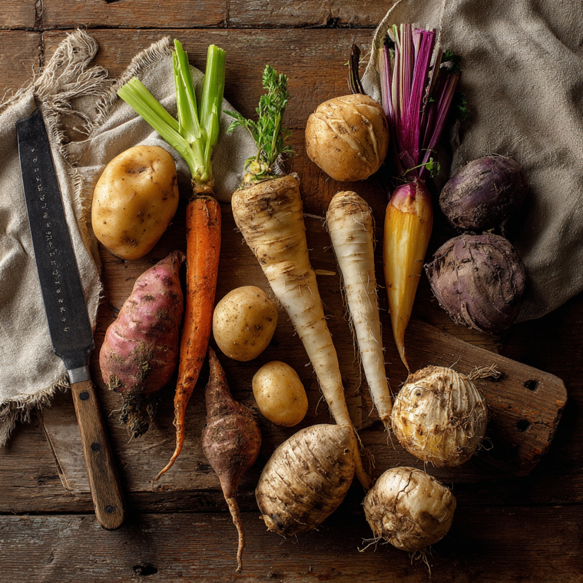 Rustic overhead view of assorted root vegetables — potatoes, carrots, parsnips, turnips, beets, rutabagas, and celeriac — on a wooden table with a kitchen knife and linen cloth, in warm natural light for a cozy homemade feel.