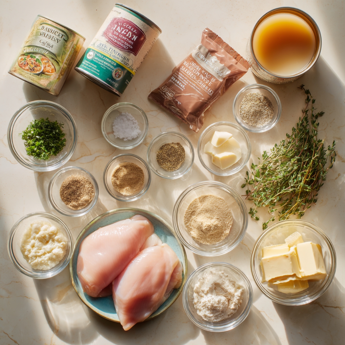 Homemade slow cooker chicken and gravy ingredients on a kitchen counter — raw chicken breasts, cream of chicken soup, gravy mix, butter, herbs, and seasonings arranged in glass bowls with warm sunlight.