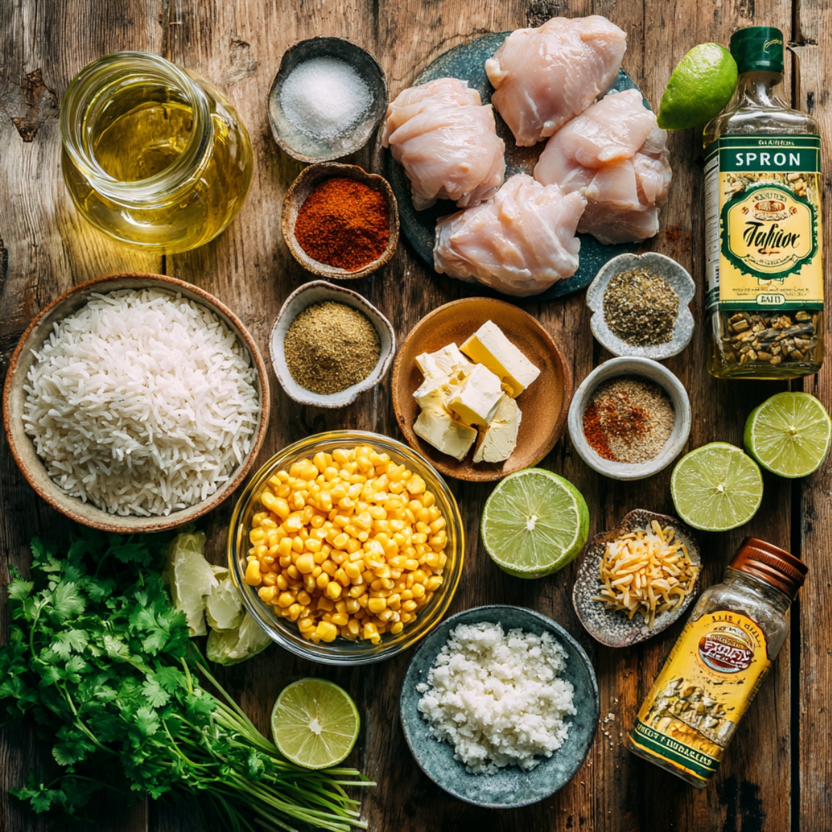 Fresh ingredients for a homemade street corn chicken rice bowl arranged on a rustic wooden table, including raw chicken, corn, rice, butter, spices, lime, cilantro, cotija cheese, and olive oil.