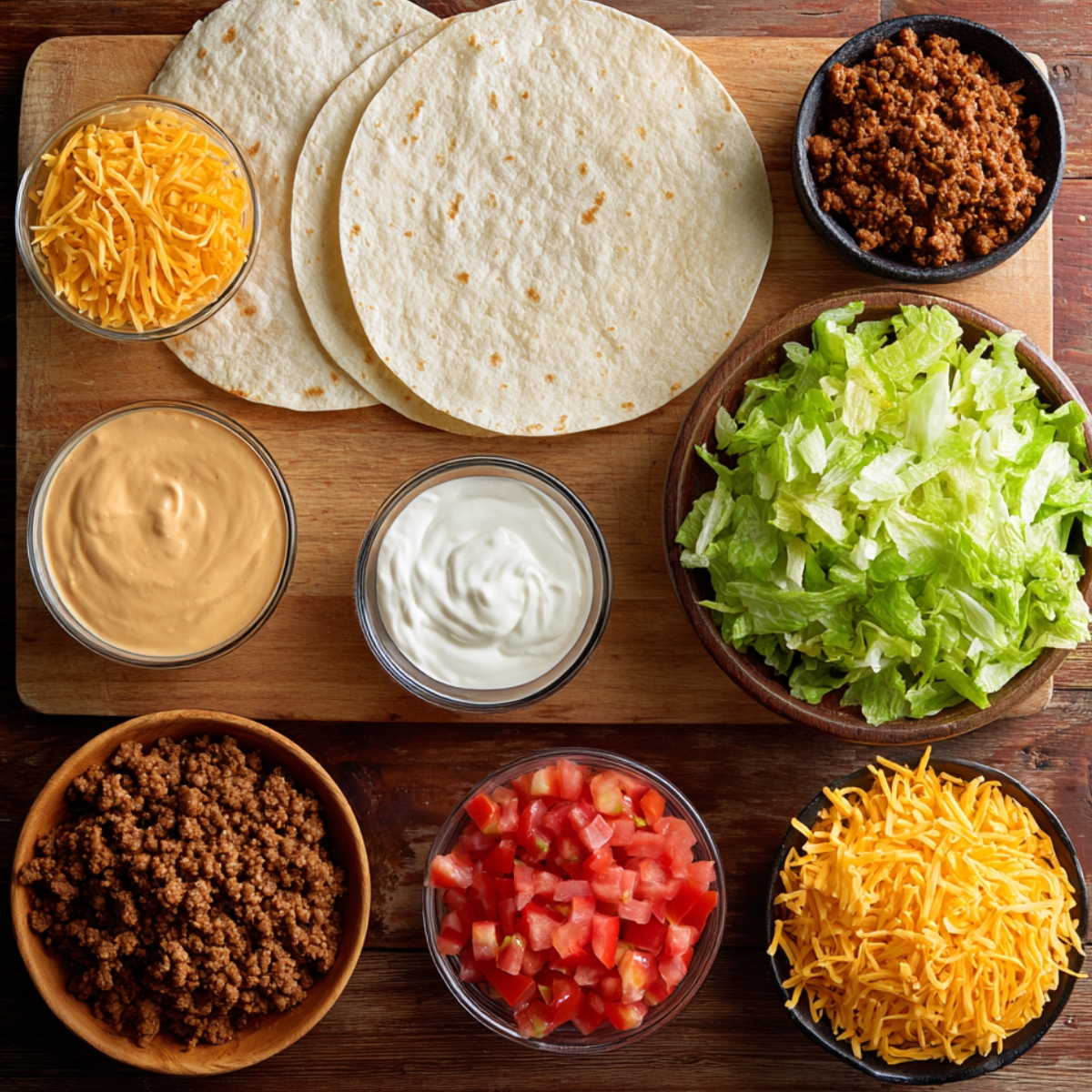 Fresh Crunchwrap Supreme ingredients on a wooden board — tortillas, seasoned beef, lettuce, tomatoes, cheese, nacho cheese sauce, and sour cream, shot in warm natural light.