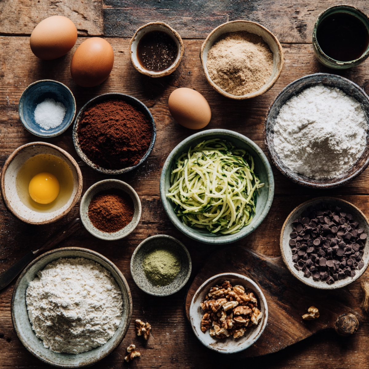 A rustic kitchen scene showing neatly arranged ingredients for homemade zucchini brownies on a wooden table — including eggs, cocoa powder, shredded zucchini, flour, sugar, walnuts, chocolate chips, and small bowls of salt and vanilla.