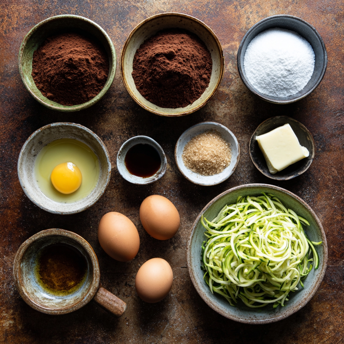 A rustic flat lay of zucchini brownie ingredients — cocoa powder, sugar, eggs, butter, oil, vanilla, and shredded zucchini — arranged in ceramic bowls on a worn brown countertop.