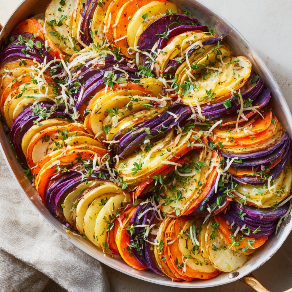 Overhead view of a rustic oval baking dish filled with neatly layered slices of colorful root vegetables — purple potatoes, orange sweet potatoes, yellow potatoes, and parsnips — sprinkled with cheese and fresh herbs. The dish looks homemade, fresh, and ready to bake, lit by soft natural light.