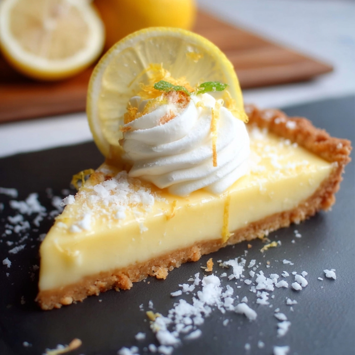 Slice of lemon cream tart with golden crust, whipped cream, and lemon slice on a dark slate board, bright natural light, fresh homemade look.