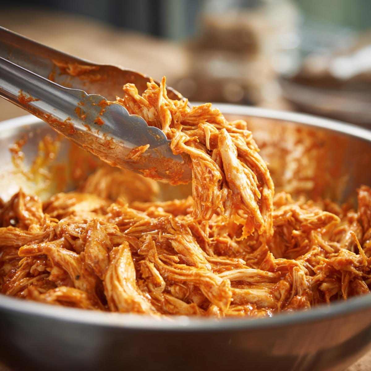 Shredded chicken coated in buffalo sauce in a metal bowl, lifted with tongs, warm natural light, homemade and appetizing.