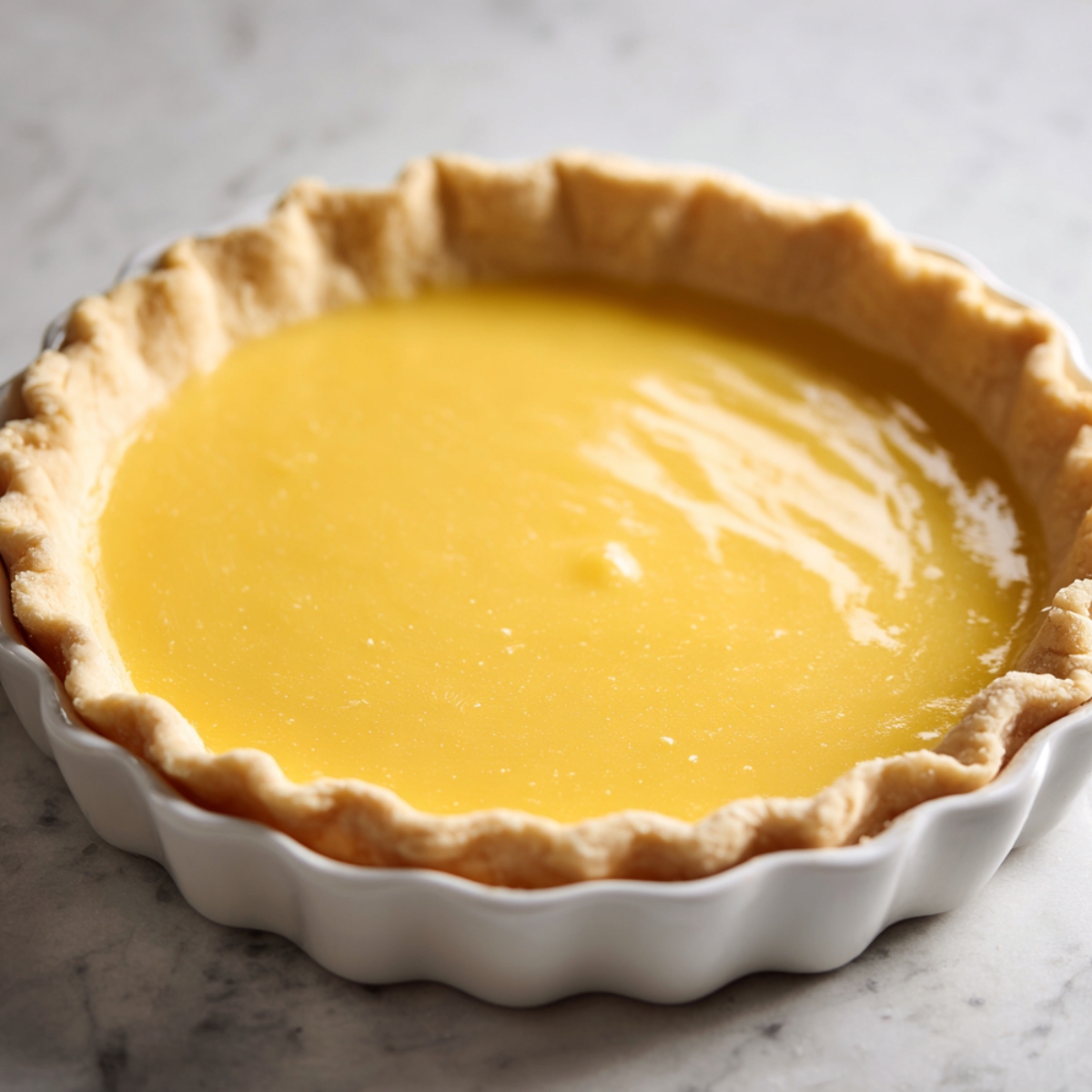 Homemade salted honey pie with a golden custard filling and flaky crust in a white ceramic dish on a marble counter.