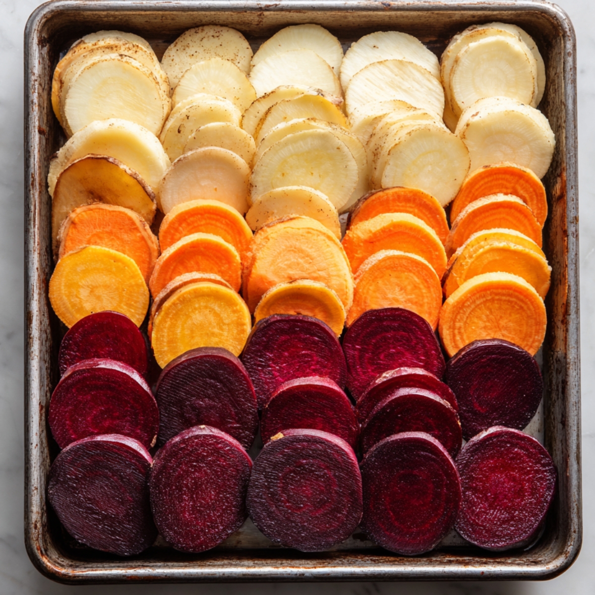 Overhead view of a rustic baking sheet with neat rows of sliced parsnips, sweet potatoes, and beets, ready for a homemade root veggie gratin. Warm natural light and a cozy kitchen feel.