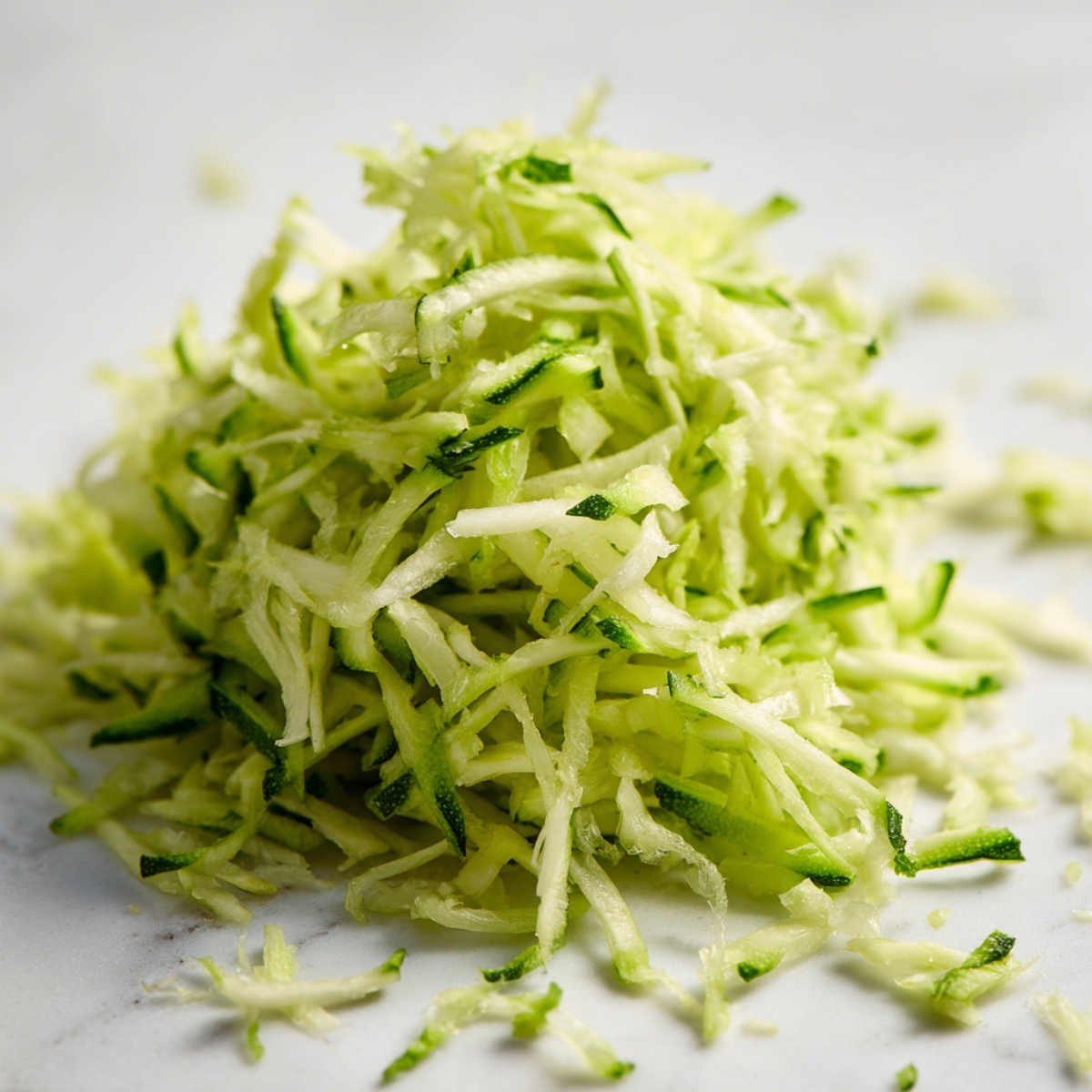 A small pile of freshly grated zucchini on a white marble surface, showing crisp green edges and moist, pale interiors of the shreds, looking fresh and ready for baking.