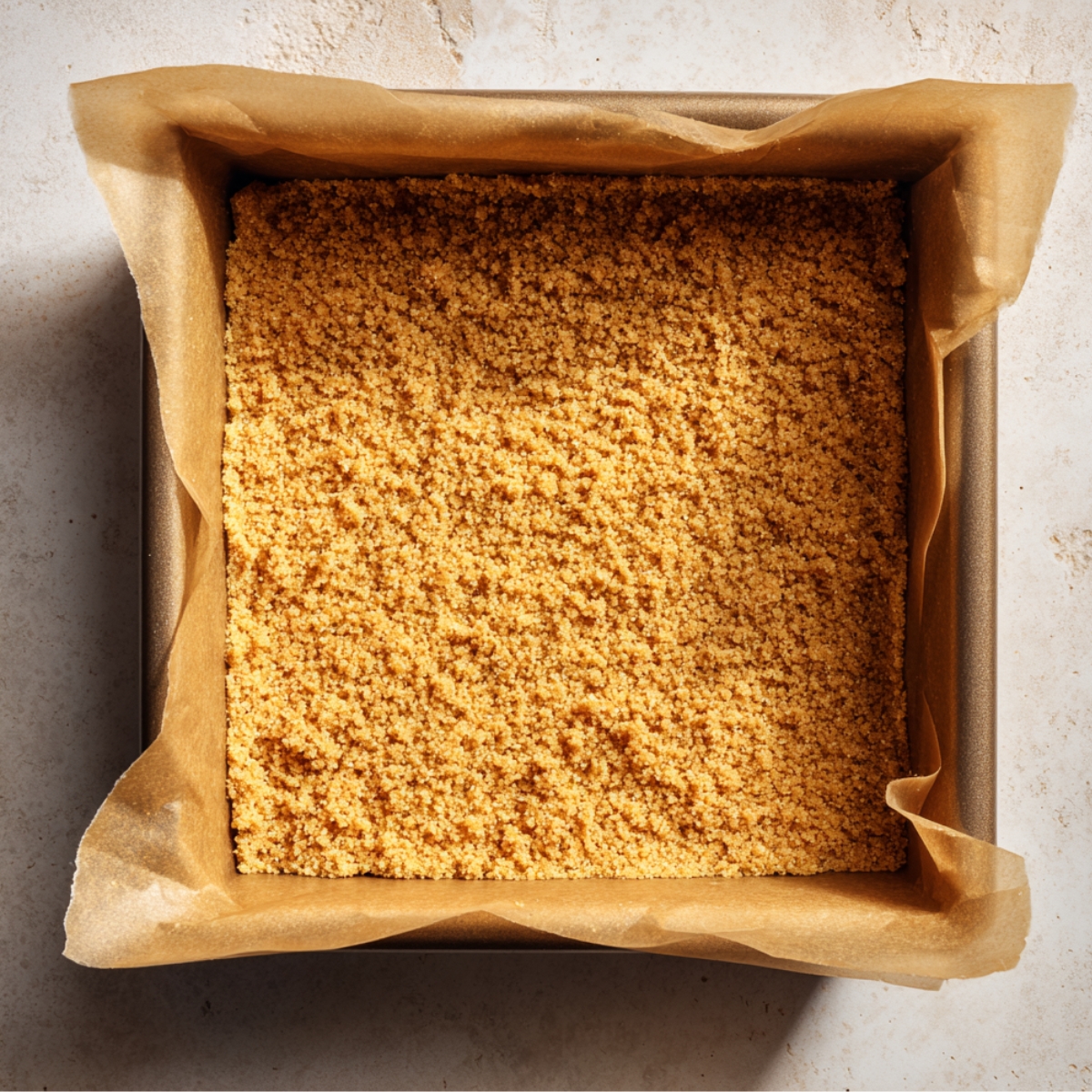 Top view of a square pan lined with parchment paper, filled with golden graham cracker crumbs pressed into an even crust on a light kitchen counter.