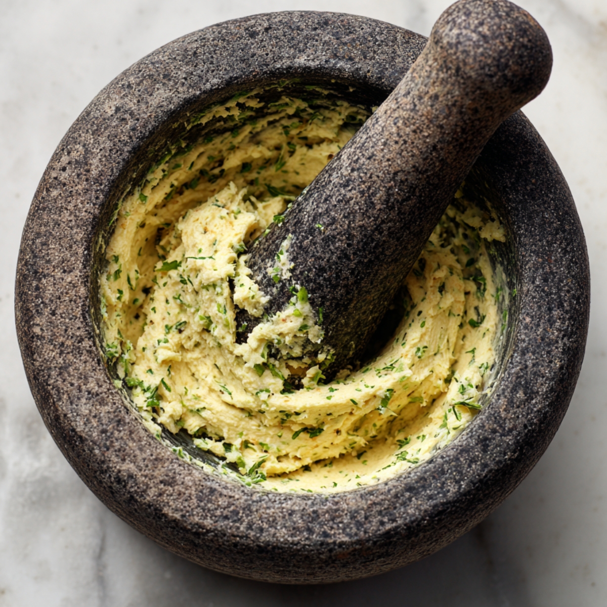 Homemade garlic herb butter in a stone mortar and pestle, with visible chopped parsley mixed into the smooth, creamy butter. The rustic stone mortar sits on a light, neutral surface.