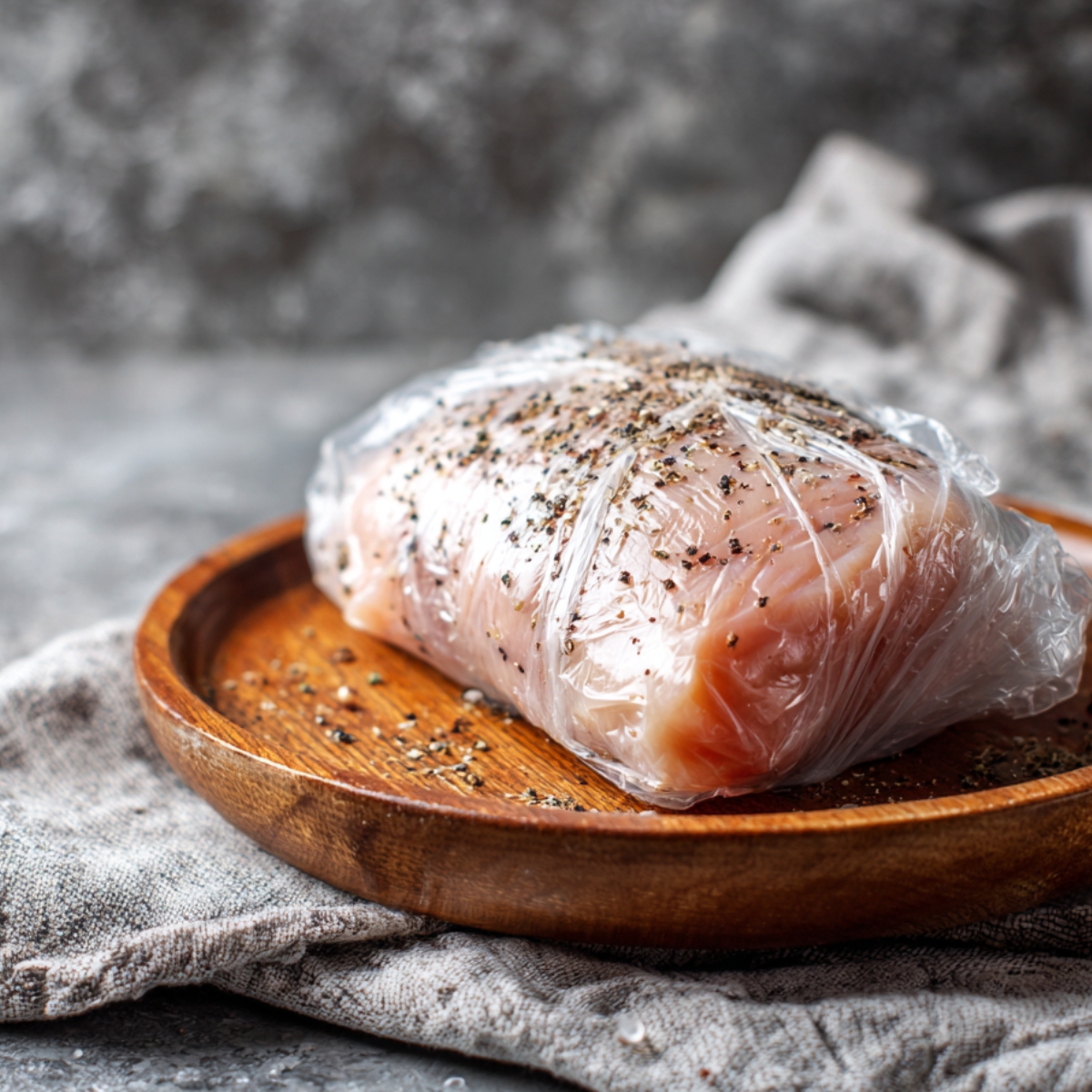 A raw chicken breast wrapped in plastic wrap, seasoned with black pepper and herbs, resting on a wooden plate with a beige linen cloth underneath.