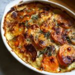 Overhead view of a golden, bubbling root veggie gratin in a white ceramic dish, topped with caramelized slices of sweet potatoes and potatoes, sprinkled with herbs and browned cheese for a cozy homemade look.