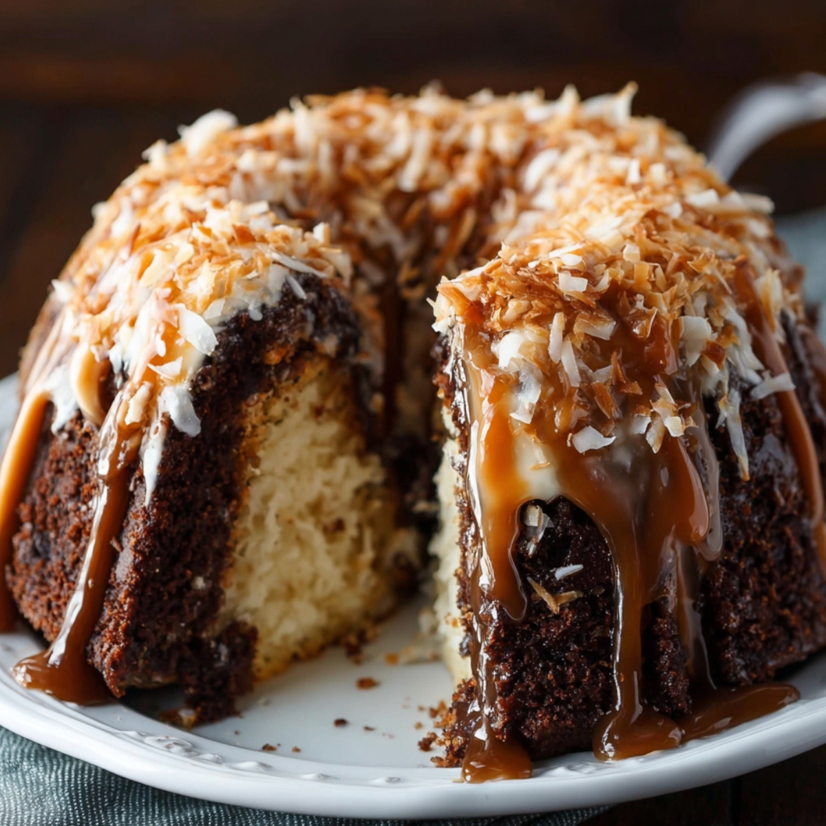 Samoa Bundt cake drizzled with caramel and topped with toasted coconut on a white plate.
