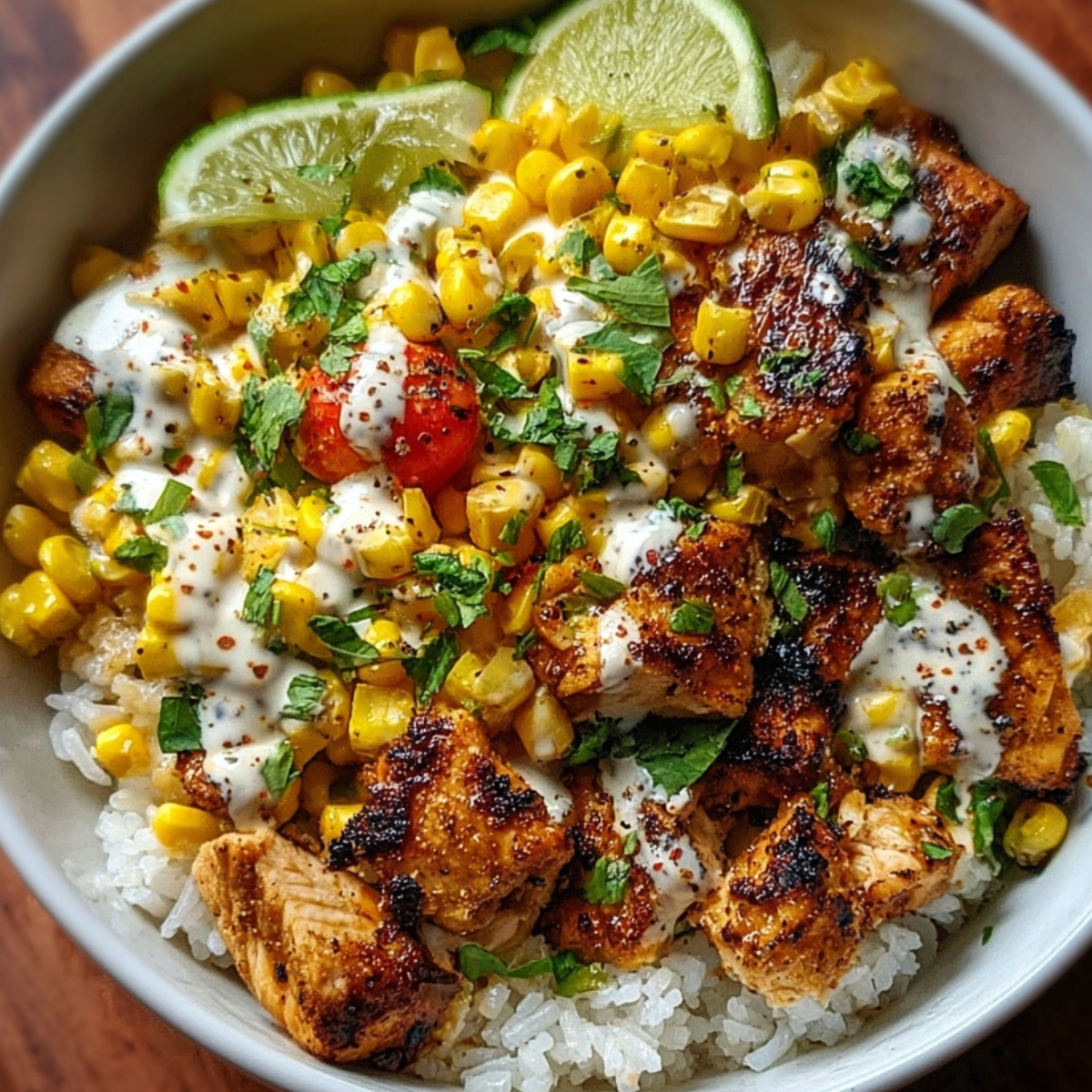 Homemade street corn chicken rice bowl with grilled chicken, charred corn, lime crema, fresh cilantro, and lime wedges over white rice.