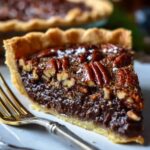 Texas Chocolate Pecan Pie on a gray plate, with a thick, glossy chocolate filling, toasted pecans on top, and a golden flaky crust dusted with a few flakes of salt.