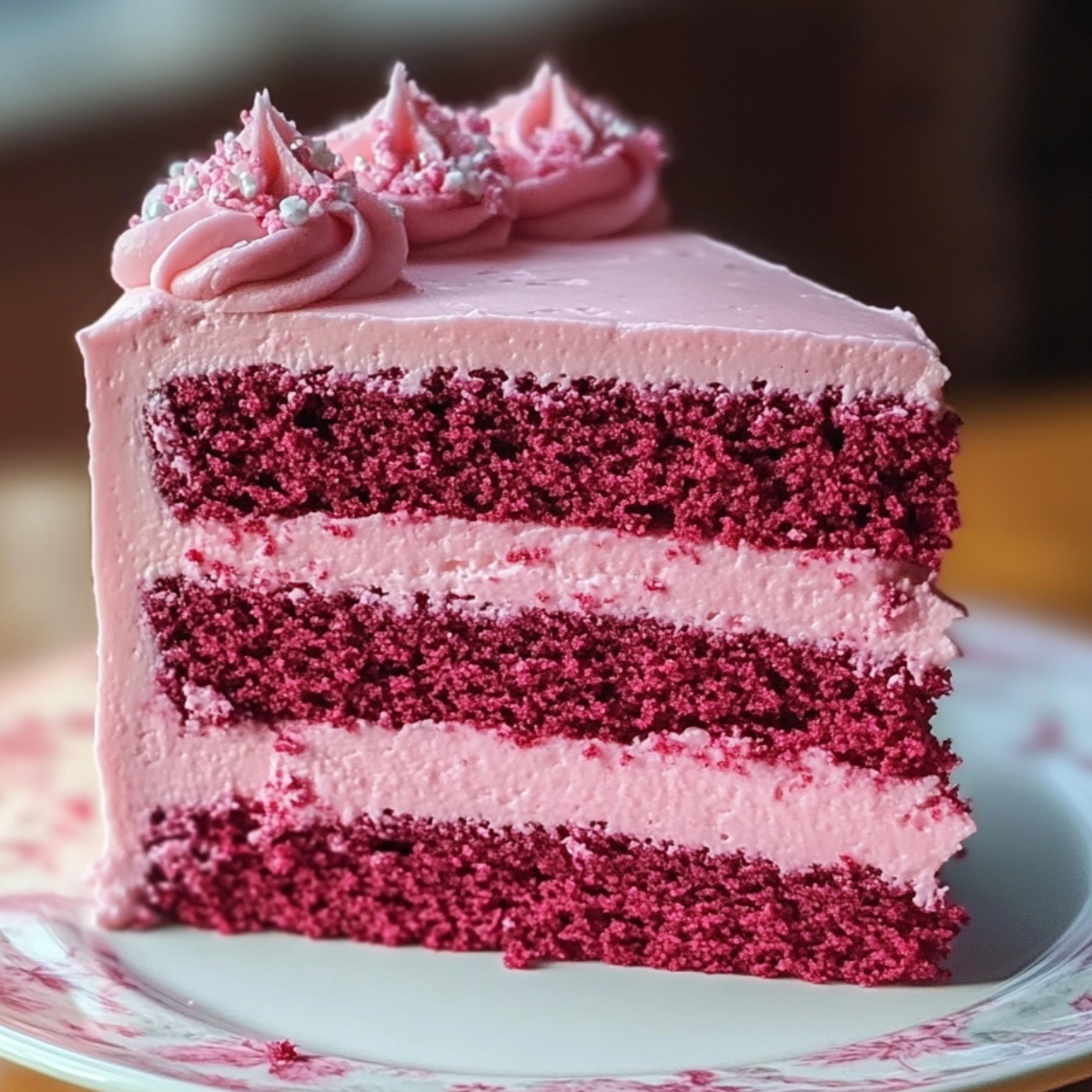 The Best Pink Velvet Cake slice with three pink-red layers, creamy pink frosting, and piped swirls topped with sprinkles on a floral plate.