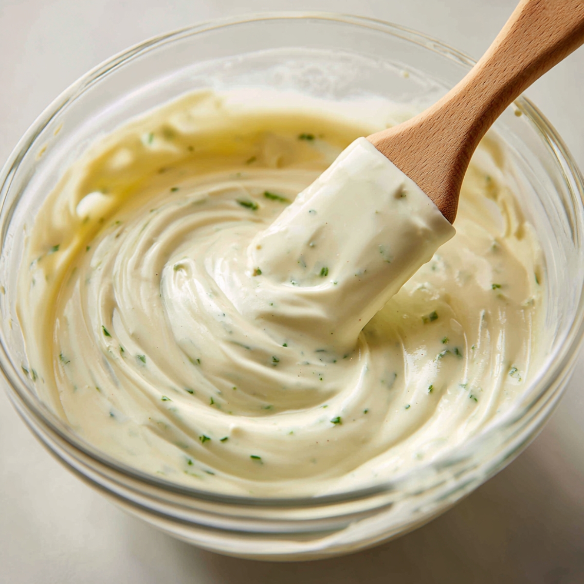 Creamy homemade lime crema with cilantro in a glass bowl, stirred with a wooden spatula.
