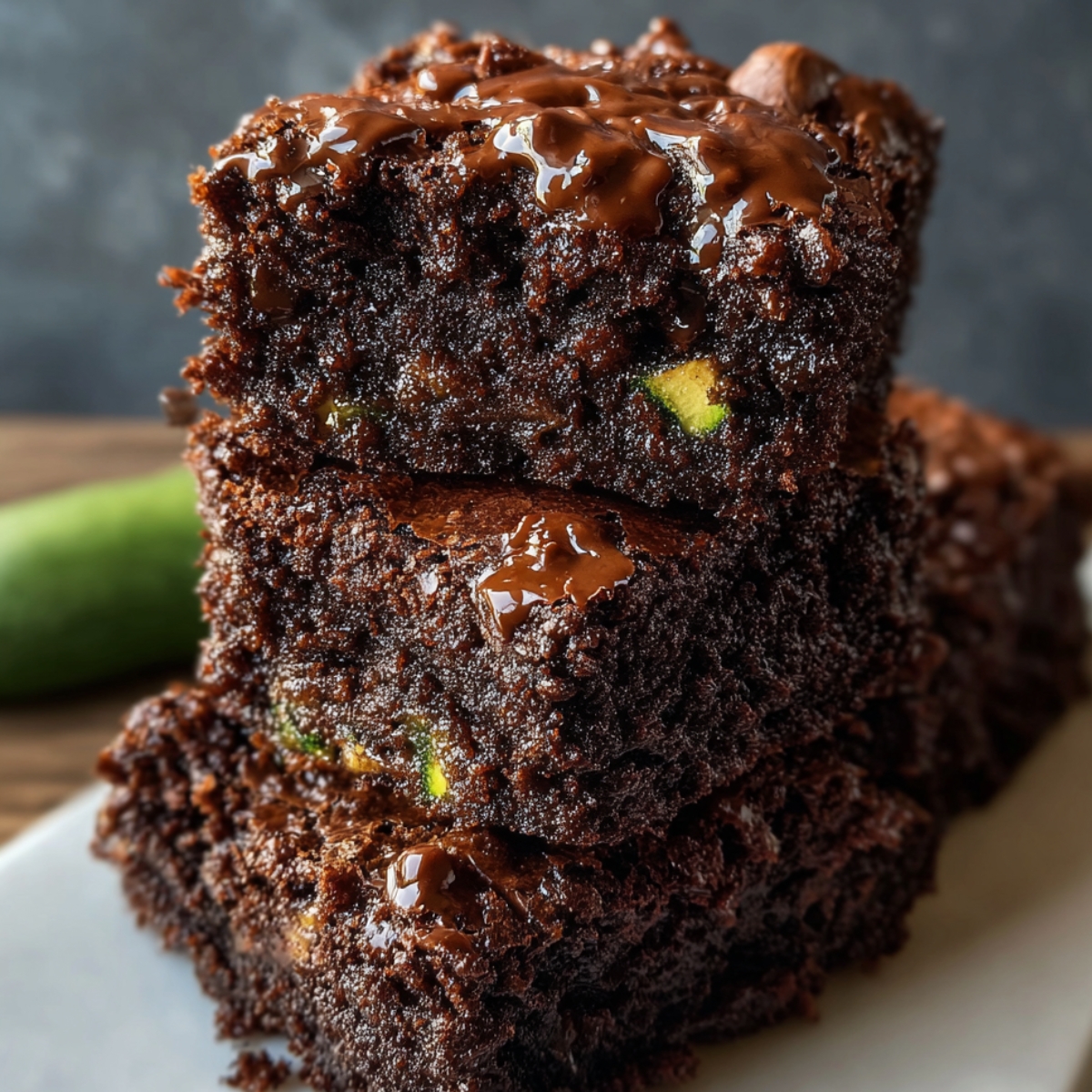 A close-up of a stack of homemade chocolate zucchini brownies, rich and fudgy with melted chocolate on top and small green zucchini pieces visible inside, sitting on a white plate with a soft, rustic background.
