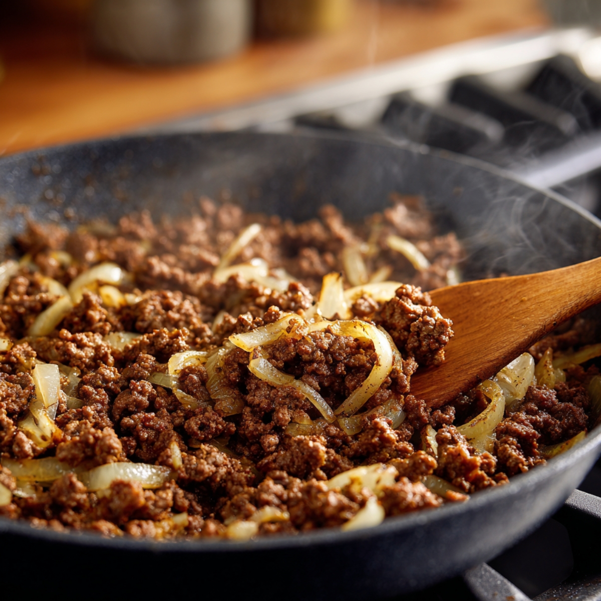 Ground beef and sliced onions sizzling together in a skillet, stirred with a wooden spatula, showing a homemade, freshly cooked texture.