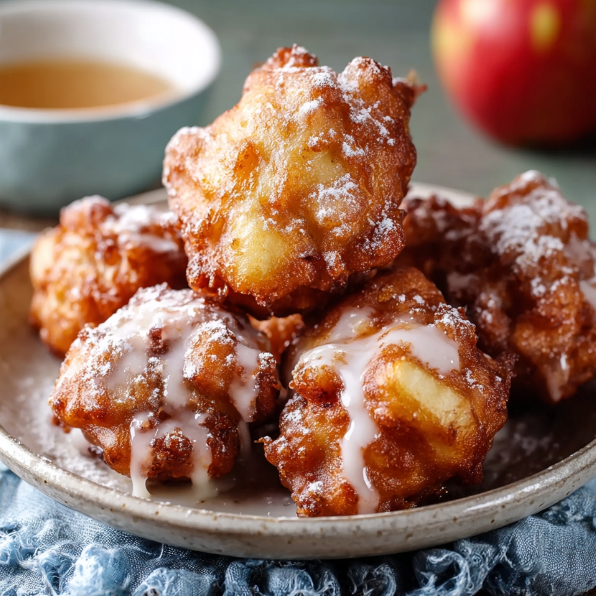 Freshly fried homemade apple fritters drizzled with glaze and dusted with powdered sugar on a rustic ceramic plate, with a cup of cider and an apple in the background.