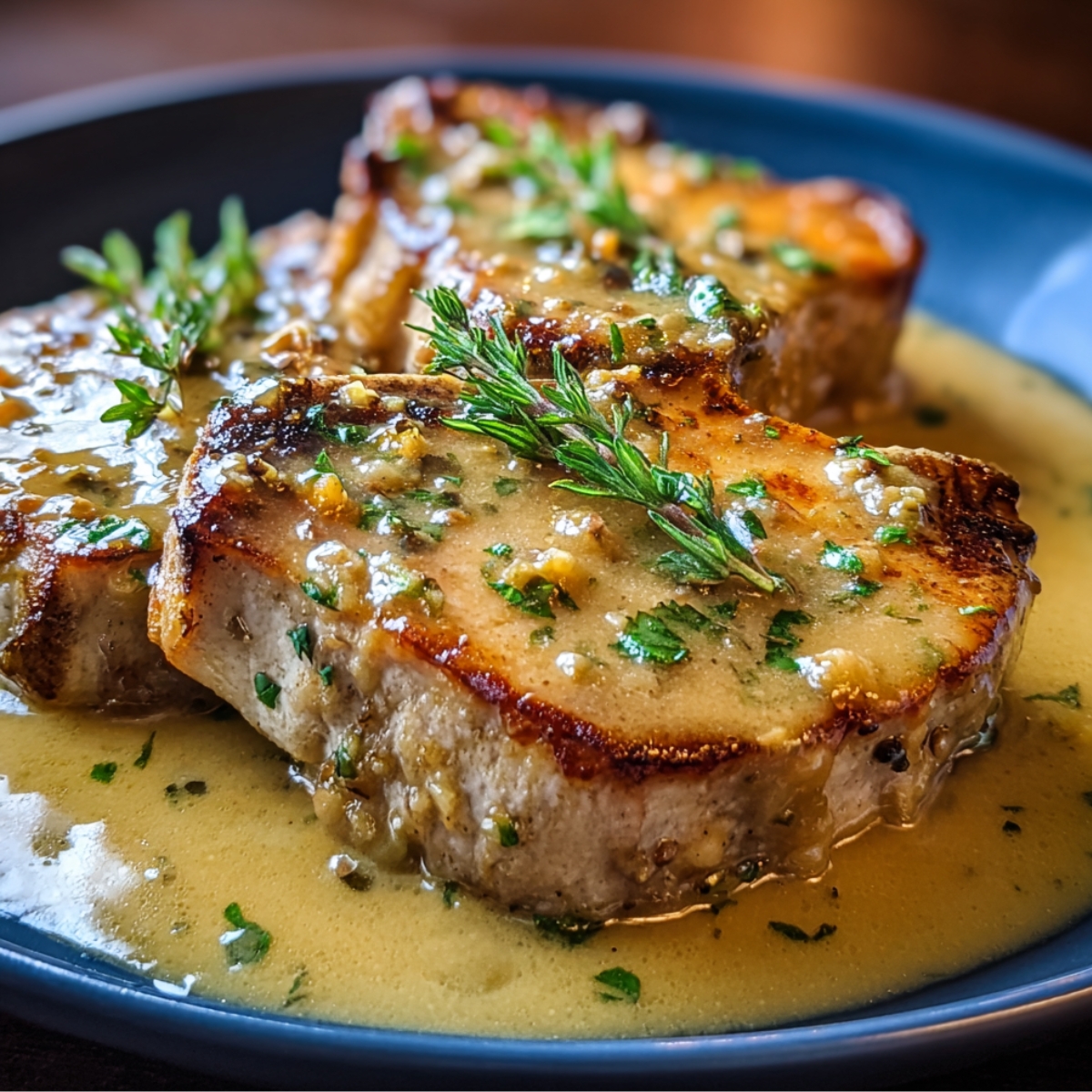 Homemade crock pot pork chops served with creamy gravy and chopped parsley over mashed potatoes on a white plate.