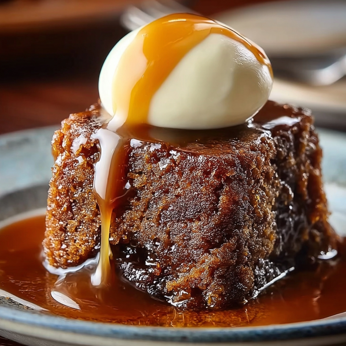 Homemade slice of sticky toffee pudding covered in warm toffee sauce, topped with a scoop of melting vanilla ice cream and a fresh mint sprig, served on a small plate.